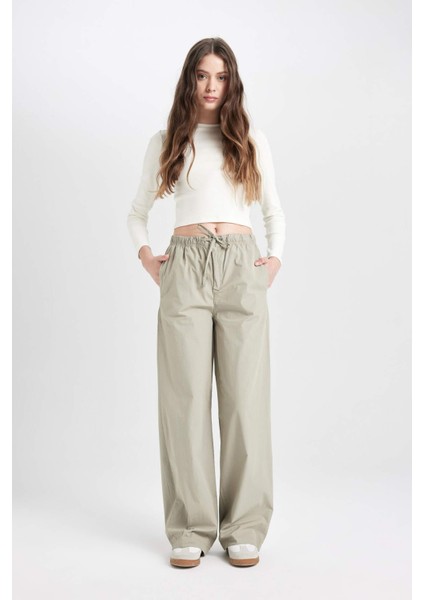 CoooCoool Straight Fit Lastikli Bel Bağcıklı Cepli Basic Düz Poplin Pantol D3764AX24AU
