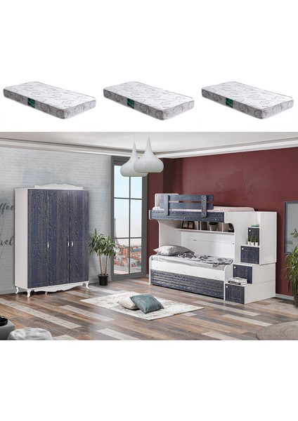 Ranza Aslı Ranza Yavrulu 3 Lü Ranza 3 Kapaklı Dolap + 3 Adet Comfort Yatak