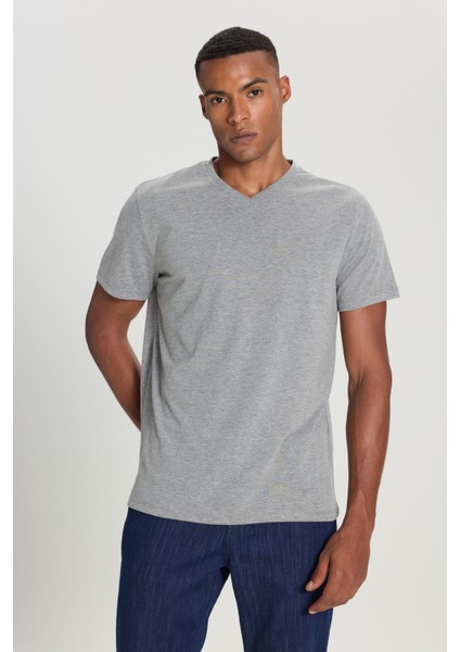 Erkek Koyu Grı Melanj Pamuklu Slim Fit Dar Kesim V Yaka Tişört