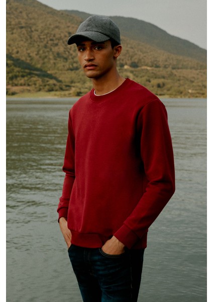 AC&Co / Altınyıldız Classics Erkek Bordo Standart Fit Normal Kesim Içi Polarlı 3 Iplik Bisiklet Yaka Pamuklu Sweatshirt