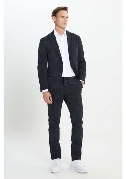 ALTINYILDIZ CLASSICS Erkek Koyu Lacivert Slim Fit Dar Kesim Kırlangıç Yaka Çizgili Takım Elbise
