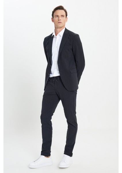 ALTINYILDIZ CLASSICS Erkek Koyu Lacivert Slim Fit Dar Kesim Kırlangıç Yaka Çizgili Takım Elbise