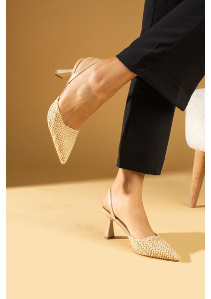 Gasha Kadın Stiletto Arkadan Bantlı Topuklu Ayakkabı Kilim Desenli Dokuma Ten fiyatları