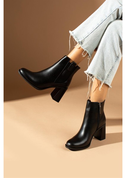 Lauretta Kadın Bot&bootie Yandan Lastikli Kalın Topuklu Siyah Deri
