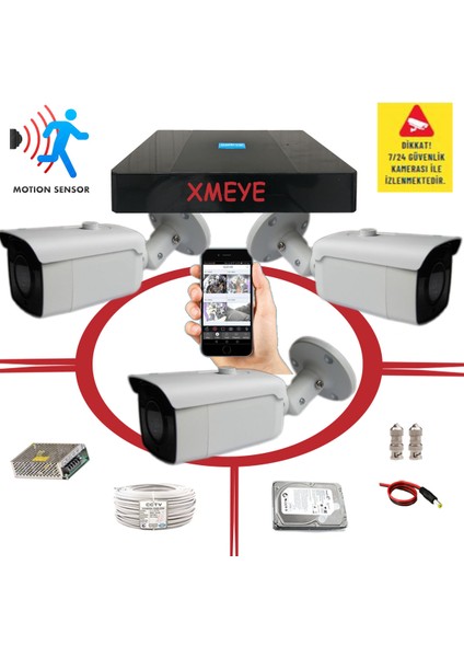 3'lü Hareket Algılayan 5 Mp Sony Lens 1080P 24 SMD LED Metal Kasa Güvenlik Kamerası Seti_BS 224