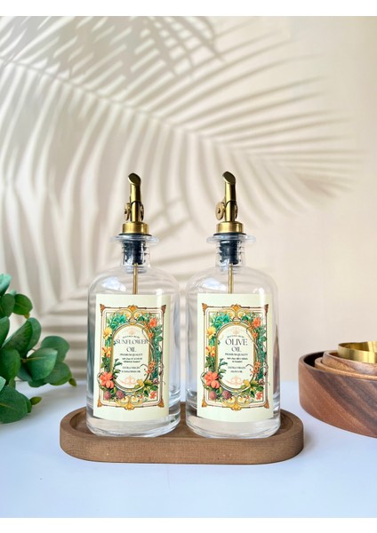 Gold Başlıklı Ahşap Altlıklı Vintage Yağdanlık - 500 ml