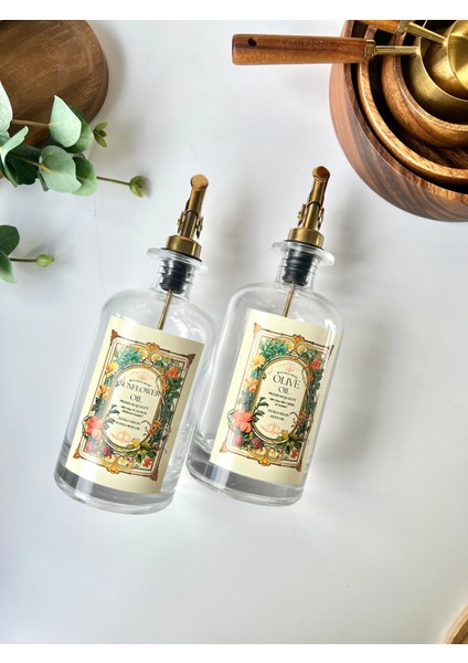 Gold Başlıklı Ahşap Altlıklı Vintage Yağdanlık - 500 ml