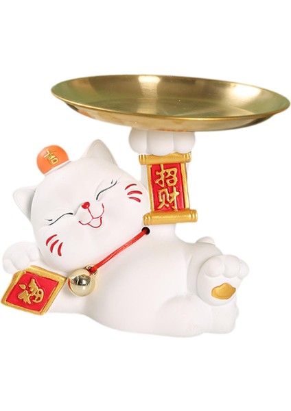 Şanslı Kedi Heykeli Tepsili Masaüstü Düzenleyici Dolap Masa Girişi Beyaz (Yurt Dışından) indirimleri