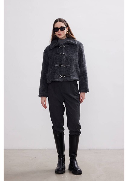Antrasit Peluş Crop Ceket