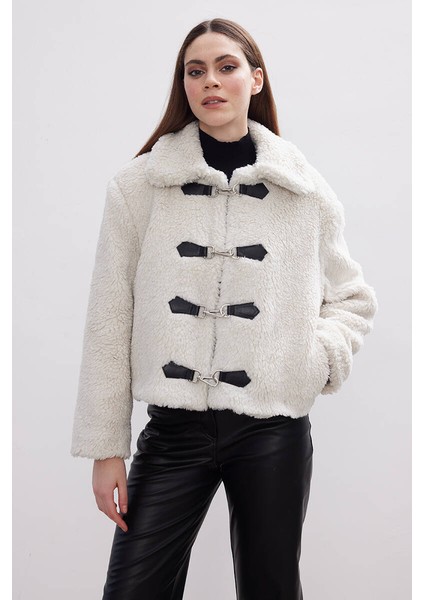 Ekru Peluş Crop Ceket