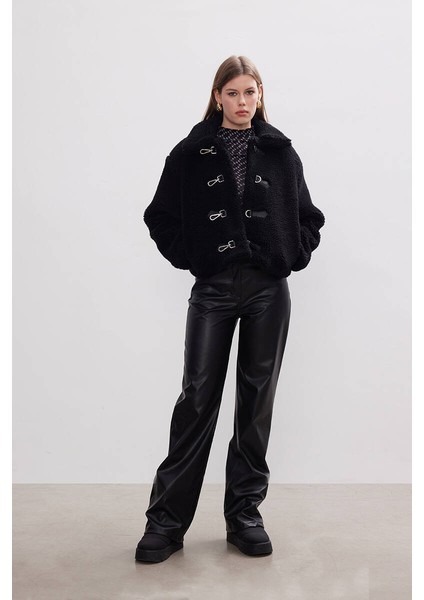 Siyah Peluş Crop Ceket