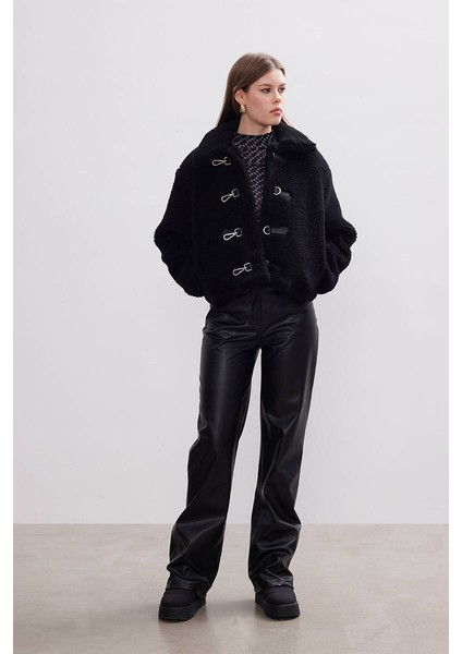 Siyah Peluş Crop Ceket