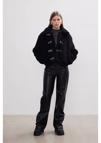 Siyah Peluş Crop Ceket