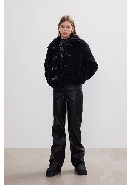 Siyah Peluş Crop Ceket