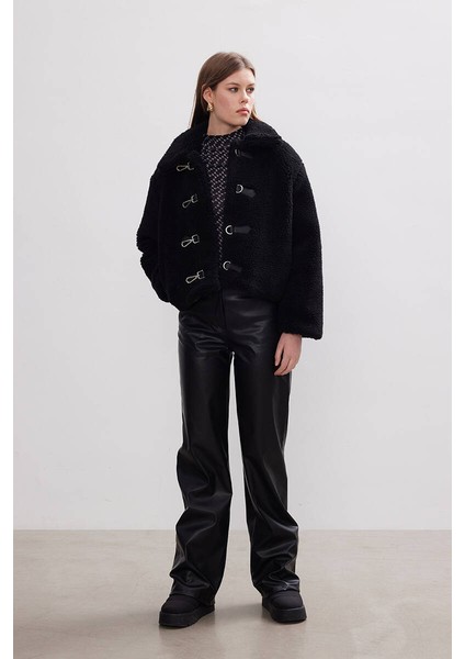 Siyah Peluş Crop Ceket