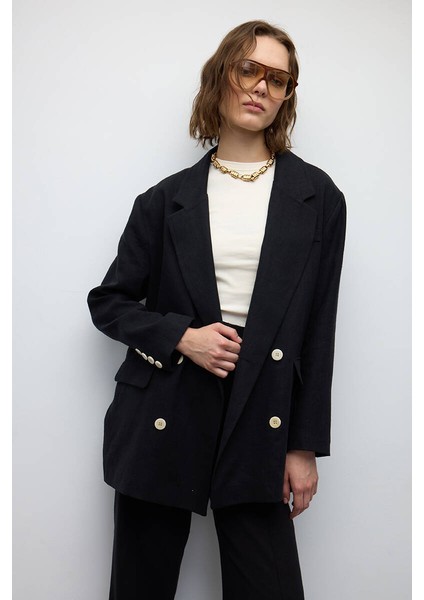 Siyah Kruvaze Keten Blazer