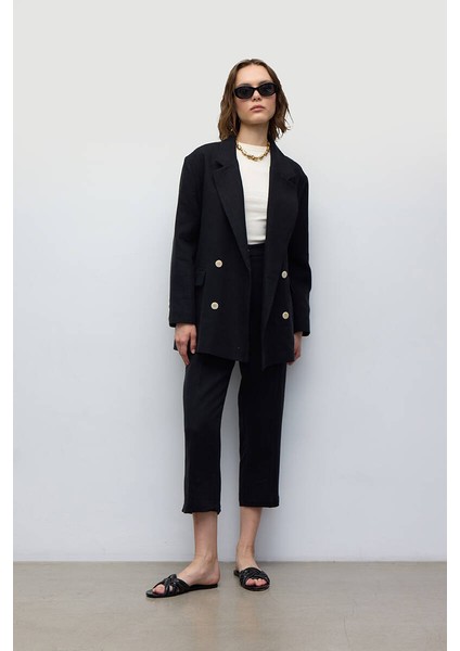 Siyah Kruvaze Keten Blazer fırsatları