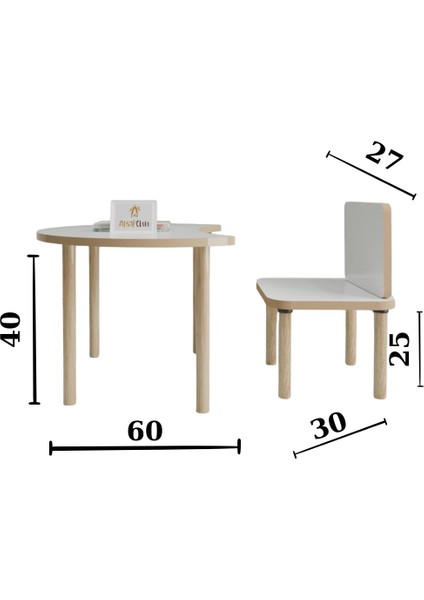 Ahşap Okulu Oyun Aktivite Masası - Etkinlik Masası - Çocuk Ders Çalışma Masası-  Hilal  Masa ve Dikdörtgen Sandalye