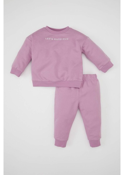 Kız Bebek 2'li Takım Bisiklet Yaka Baskılı Sweatshirt Jogger Beli Lastikli Eşofman Altı D0814A524AU