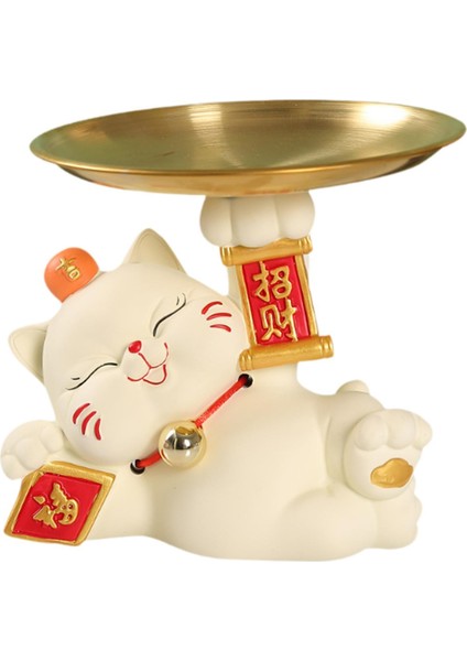 Yatak Odası Giriş Rafı Için Tepsili Masa Üstü Düzenleyicili Şanslı Kedi Heykeli Bej (Yurt Dışından)