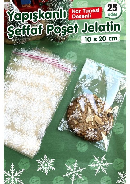 Kar Tanesi Desenli Bantlı Yapışkanlı Şeffaf Poşet Jelatin 10X20 cm 25 Adet -T1060 modelleri
