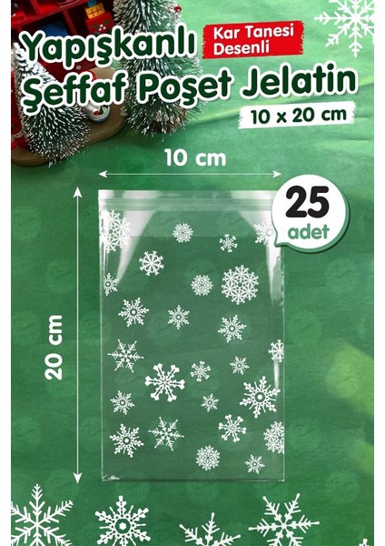 Kar Tanesi Desenli Bantlı Yapışkanlı Şeffaf Poşet Jelatin 10X20 cm 25 Adet -T1060 fırsatları