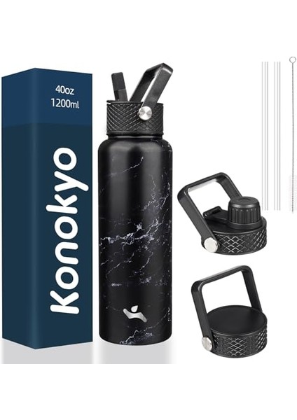 Yalıtımlı Su Şişesi 18 Oz Paslanmaz Çelik Su Şişesi 3 Kapaklı Spor Şişe Mermer Okyanus (Yurt Dışından)
