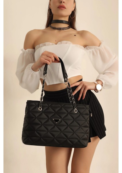 Siyah Kapitone Kol ve Omuz Çantası