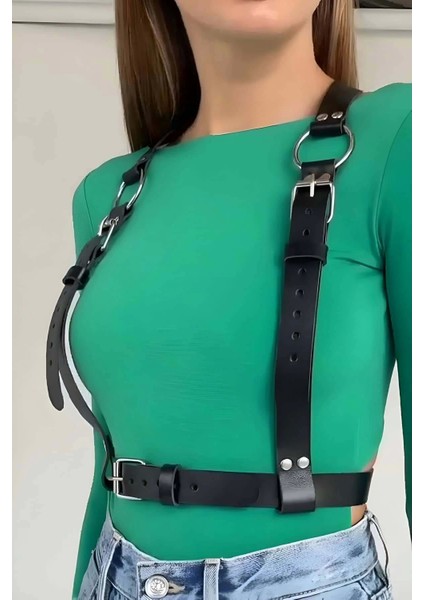 Pileli Store Halka Detaylı Omuzdan Askılı Ayarlanabilir Şık Deri Bel Harness - APFT643