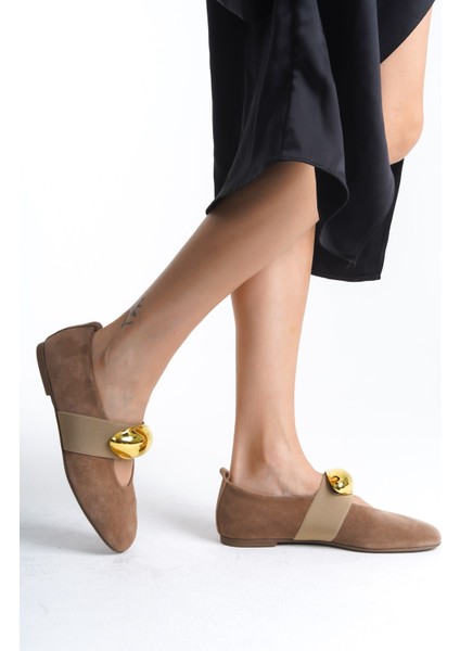 Mubiano Hakiki Deri Collection Kadın Gold Toka Detaylı Süet Babet Bej - MCRGN8037 - BJ modelleri