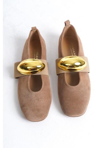 Mubiano Hakiki Deri Collection Kadın Gold Toka Detaylı Süet Babet Bej - MCRGN8037 - BJ indirimleri