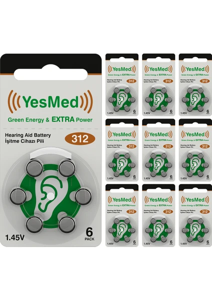 Yesmed Extra Power 312 Numara Işitme Cihazı Pili (10 Paket x 6 Adet = 60 Adet Pil)