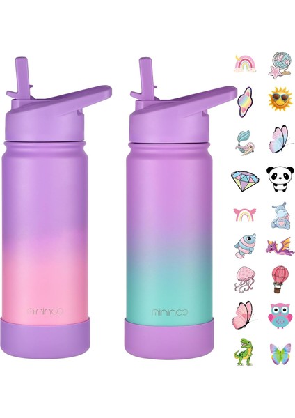 ，，çocuklar Okul Su Şişesi 16 Oz Paslanmaz Çelik Yalıtımlı Su Şişesi Çocuklar Için Kız Erkek Çocuklar Için Saman Kapaklı (Mor / Pembe) (Yurt Dışından)