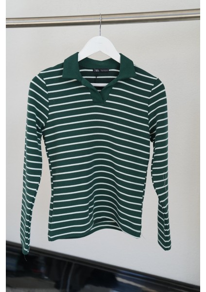 Polo Yaka Çizgili Sweatshirt