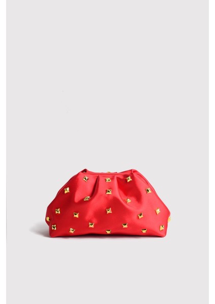 Kırmızı Kadın Saten Gold Taşlı Clutch Abiye Çanta