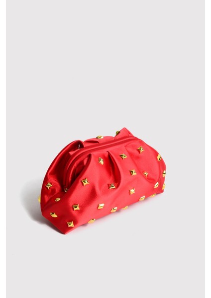 Kırmızı Kadın Saten Gold Taşlı Clutch Abiye Çanta