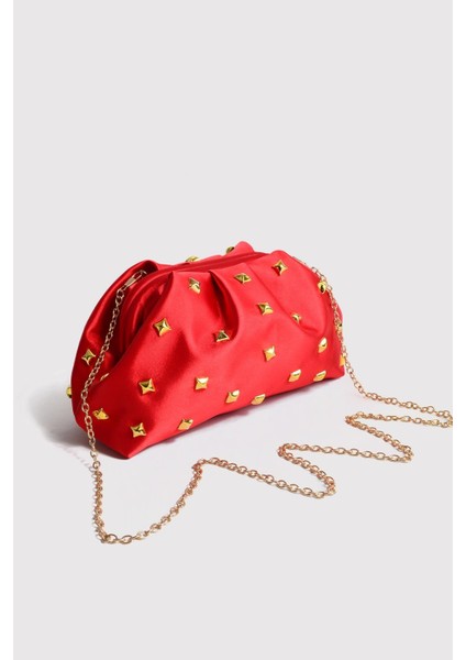 Kırmızı Kadın Saten Gold Taşlı Clutch Abiye Çanta