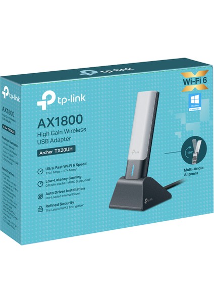 TP-Link Archer TX20UH, AX1800 Mbps, 1,2 metre USB 3.0 kablosu, Beamforming Teknolojisi, MU-MIMO, Düşük Gecikmeli Oyun Deneyimi, WPA3, Kolay Kurulum, Yüksek Çekim Güçlü Wi-Fi 6 USB Adaptör