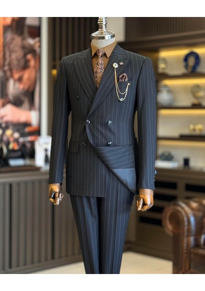 İtalyan Stil Kruvaze Çizgili Ceket Pantolon Takım Elbise Siyah T12901