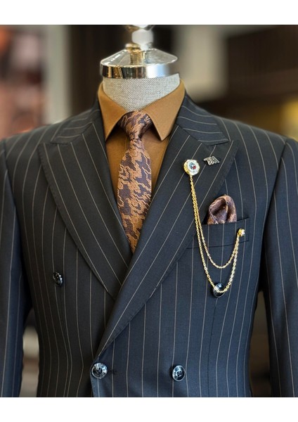 İtalyan Stil Kruvaze Çizgili Ceket Pantolon Takım Elbise Siyah T12901 fiyatları