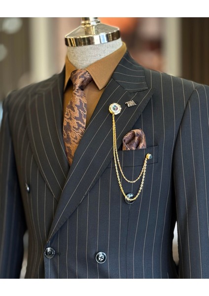 İtalyan Stil Kruvaze Çizgili Ceket Pantolon Takım Elbise Siyah T12901 fırsatları