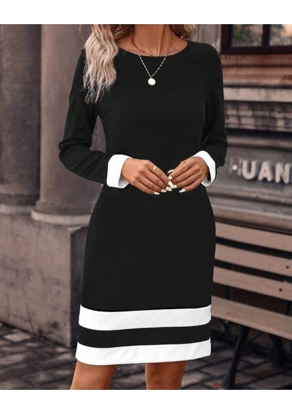 Kadın Uzun Kollu Bisiklet Yaka Kol ve Tek Ucu Şeritli Ithal Krep Midi Elbise fiyatları