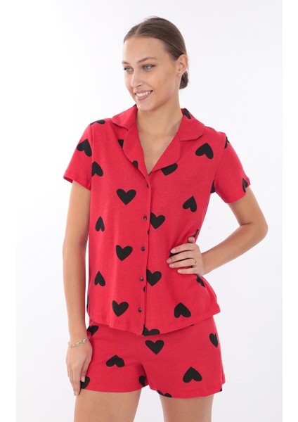 Kalp Baskılı Pamuk Pijama Takımı