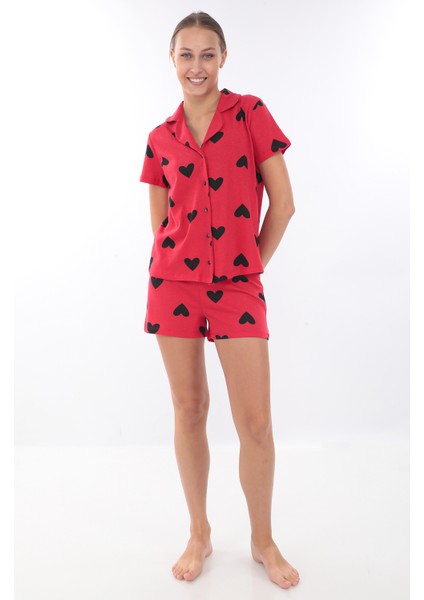Kalp Baskılı Pamuk Pijama Takımı