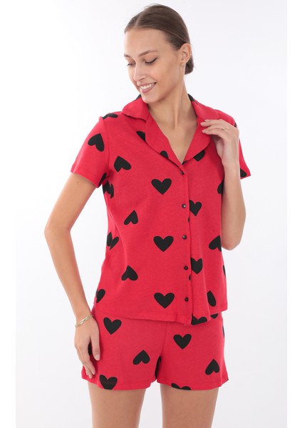 Kalp Baskılı Pamuk Pijama Takımı