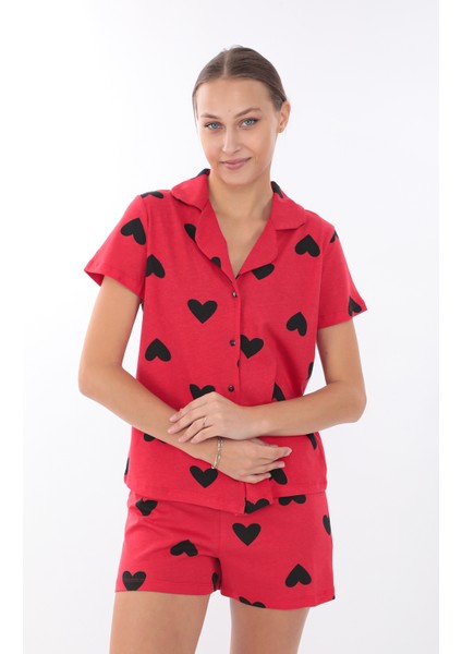 Kalp Baskılı Pamuk Pijama Takımı