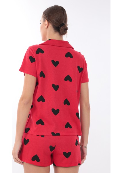 Kalp Baskılı Pamuk Pijama Takımı