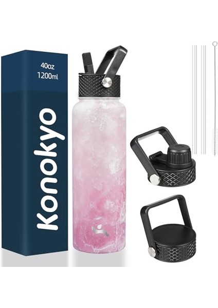 Yalıtımlı Su Şişesi 18 Oz Paslanmaz Çelik Su Şişesi 3 Kapaklı Spor Şişe Mermer Okyanus (Yurt Dışından)