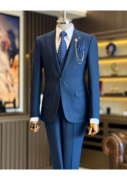 İtalyan Stil Ceket Yelek Pantolon Takım Elbise Lacivert T12866
