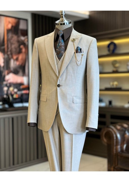 Italyan Stil Ceket Yelek Pantolon Takım Elbise Bej T12811